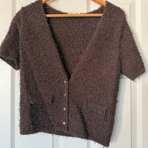 Mango V-Neck Fuzzy Sweater in Brown